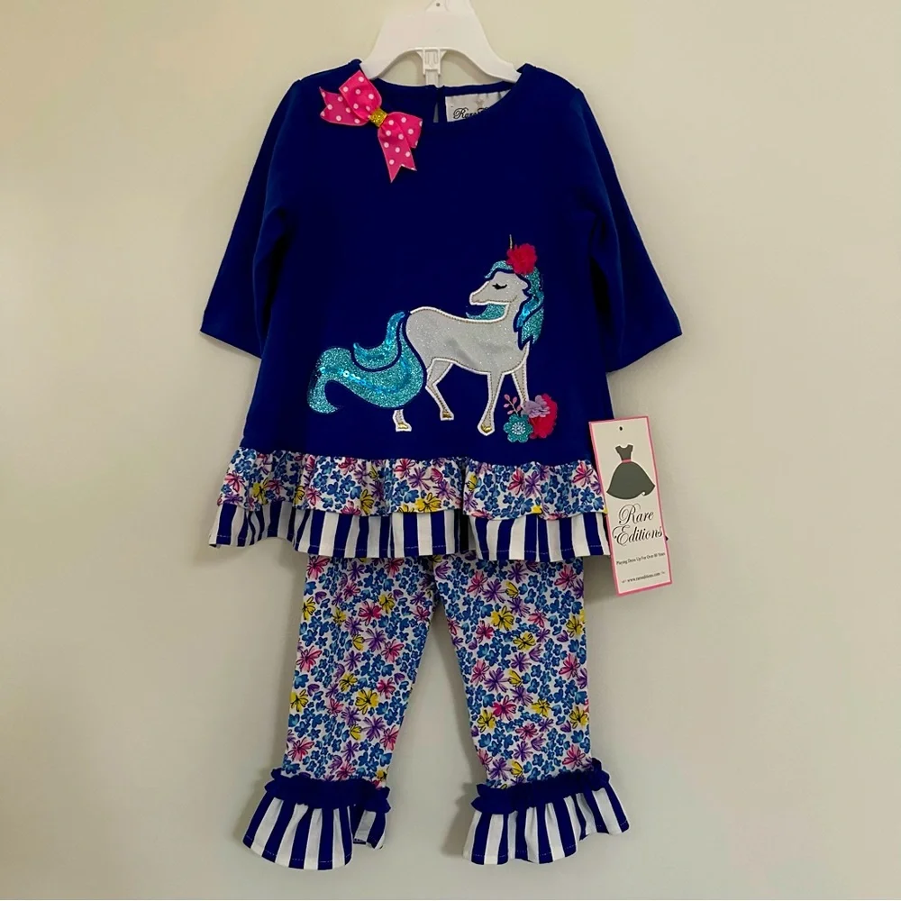 NEW NWT Rare Editions size 18 months Unicorn 2 piece Outfit Mixed Print